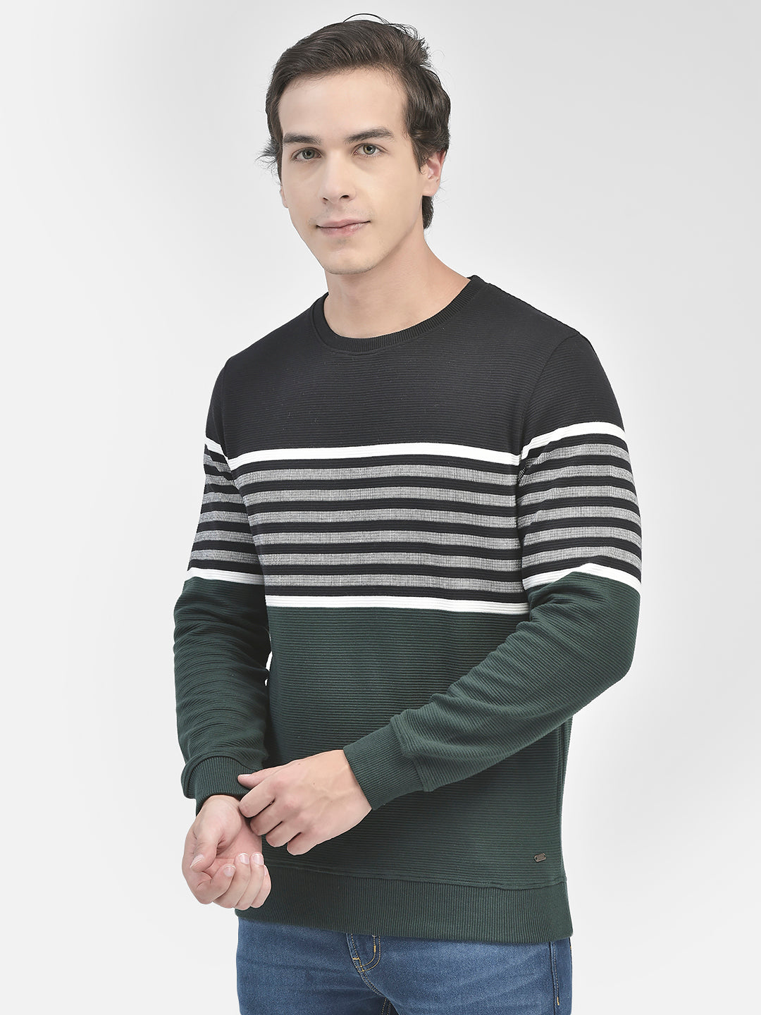 Black Striped Round Neck Sweatshirt-Men Sweatshirts-Crimsoune Club