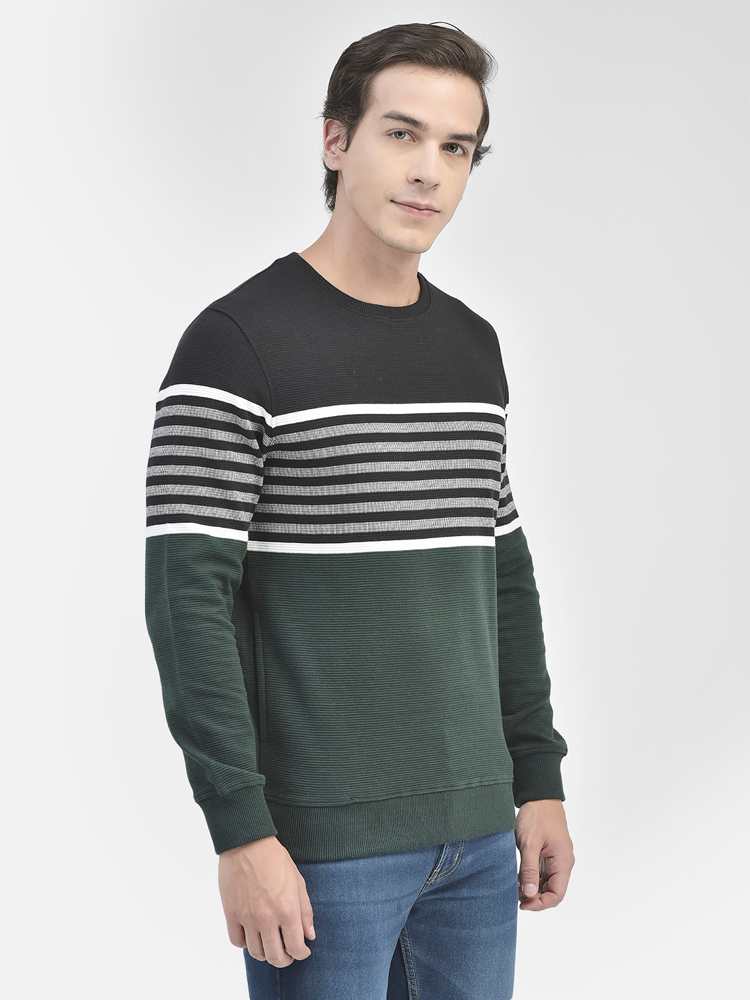 Black Striped Round Neck Sweatshirt-Men Sweatshirts-Crimsoune Club