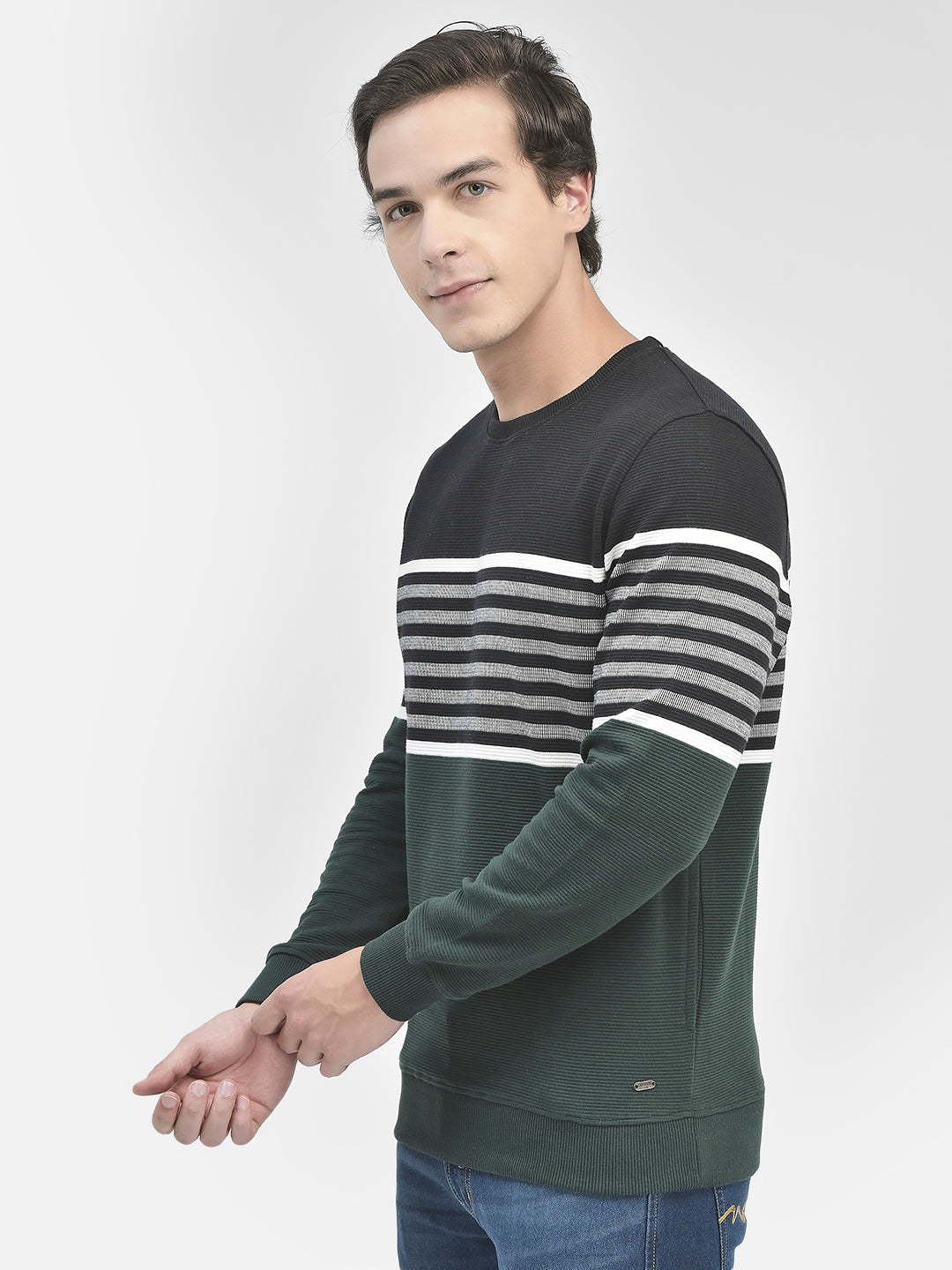 Black Striped Round Neck Sweatshirt-Men Sweatshirts-Crimsoune Club