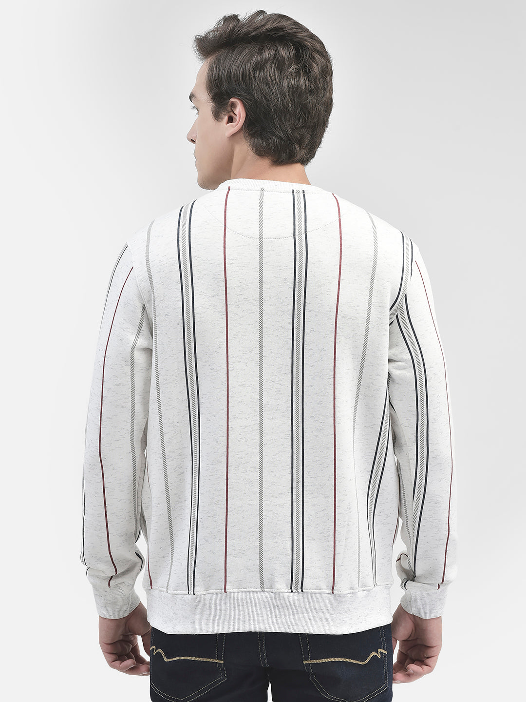 White Striped Round Neck Sweatshirt-Men Sweatshirts-Crimsoune Club