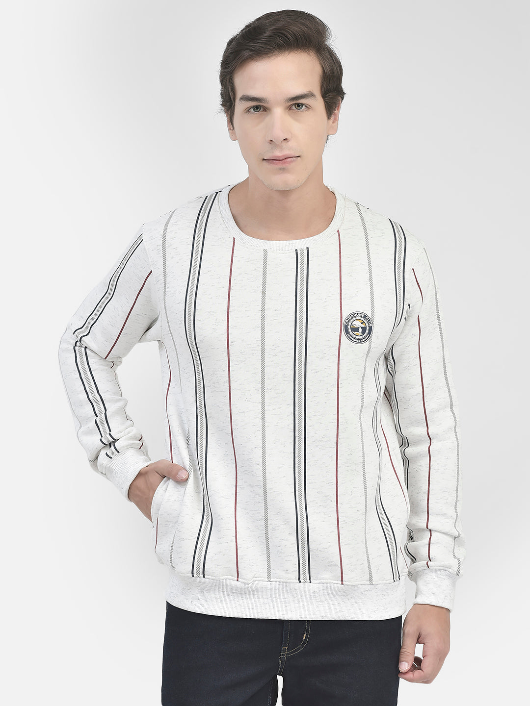 White Striped Round Neck Sweatshirt-Men Sweatshirts-Crimsoune Club