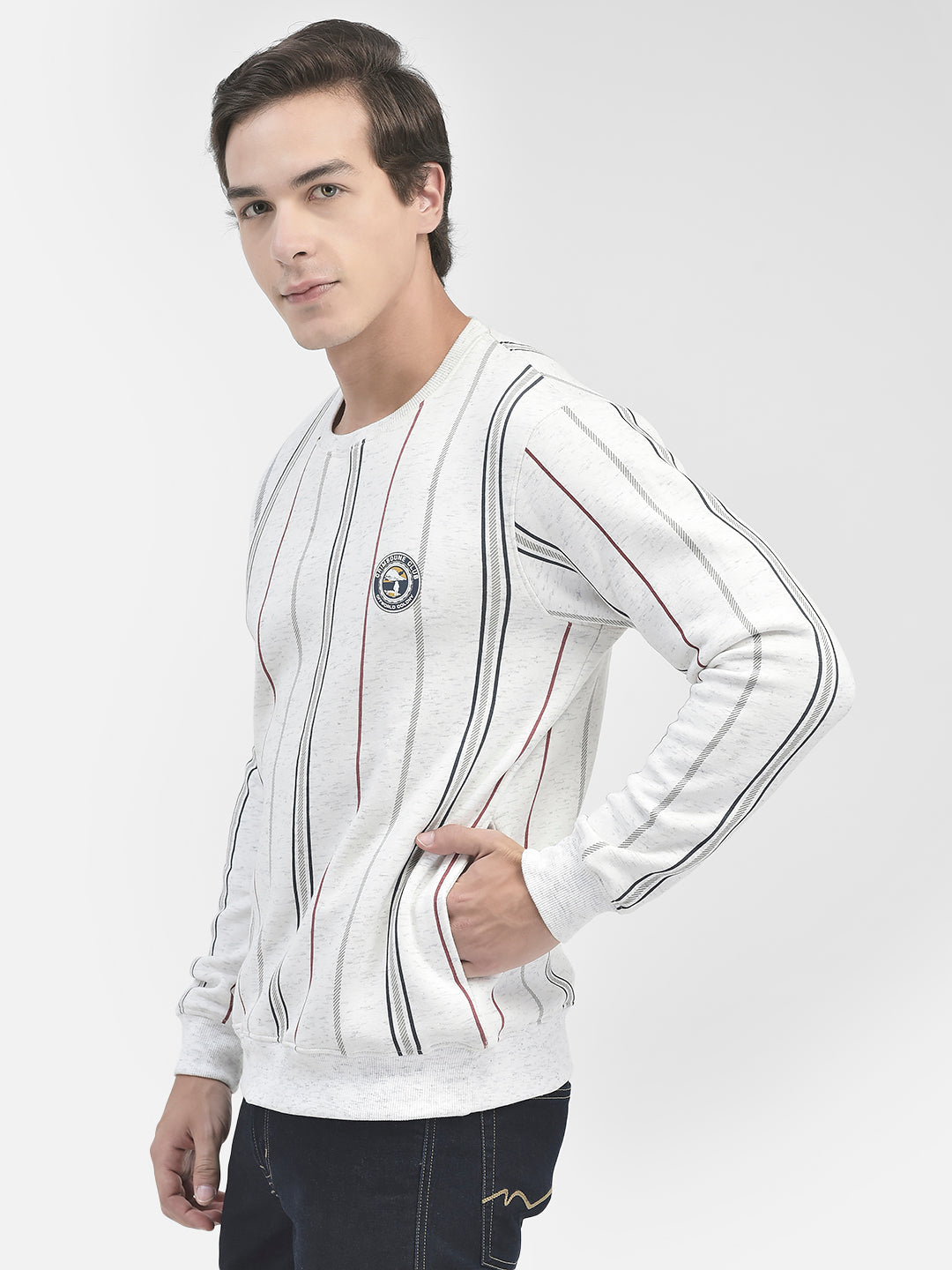 White Striped Round Neck Sweatshirt-Men Sweatshirts-Crimsoune Club