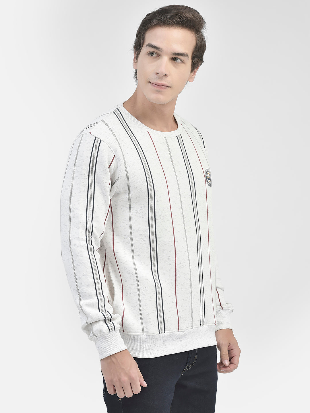 White Striped Round Neck Sweatshirt-Men Sweatshirts-Crimsoune Club