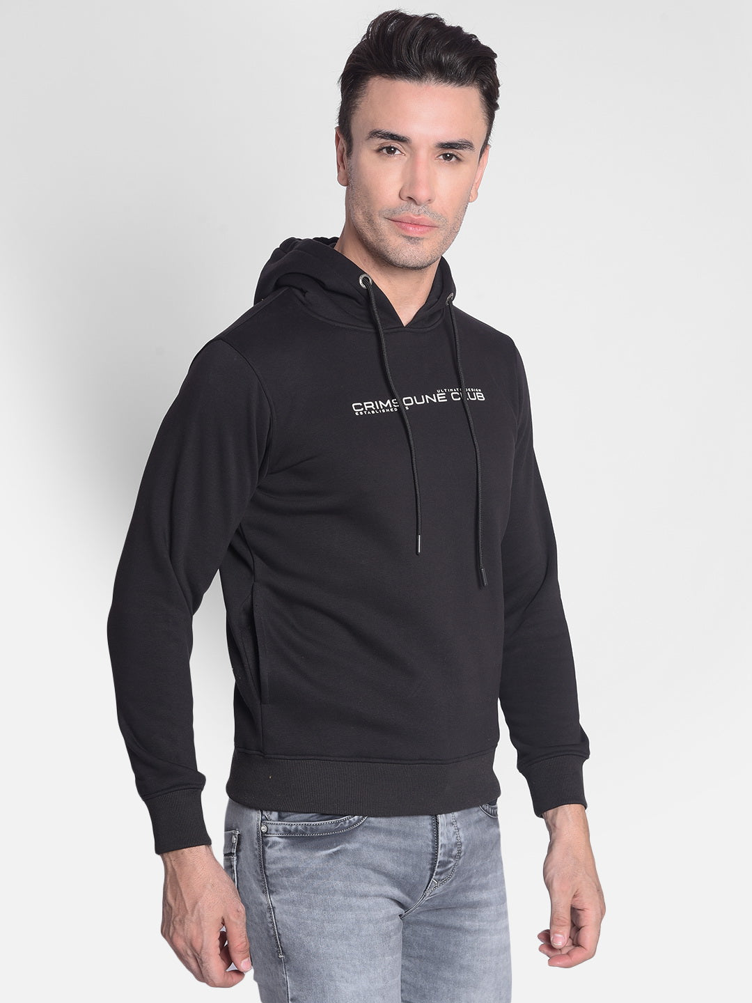 Black Printed Hooded Sweatshirt-Men Sweatshirts-Crimsoune Club