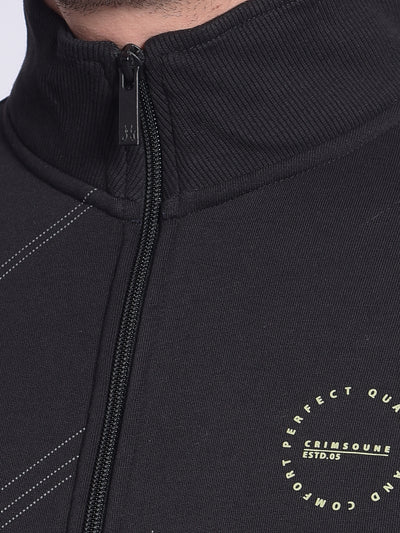 Black Printed Front-Open Sweatshirt-Men Sweatshirts-Crimsoune Club