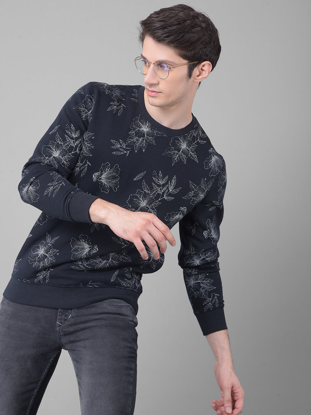 Navy Blue Floral Sweatshirt-Men Sweatshirts-Crimsoune Club