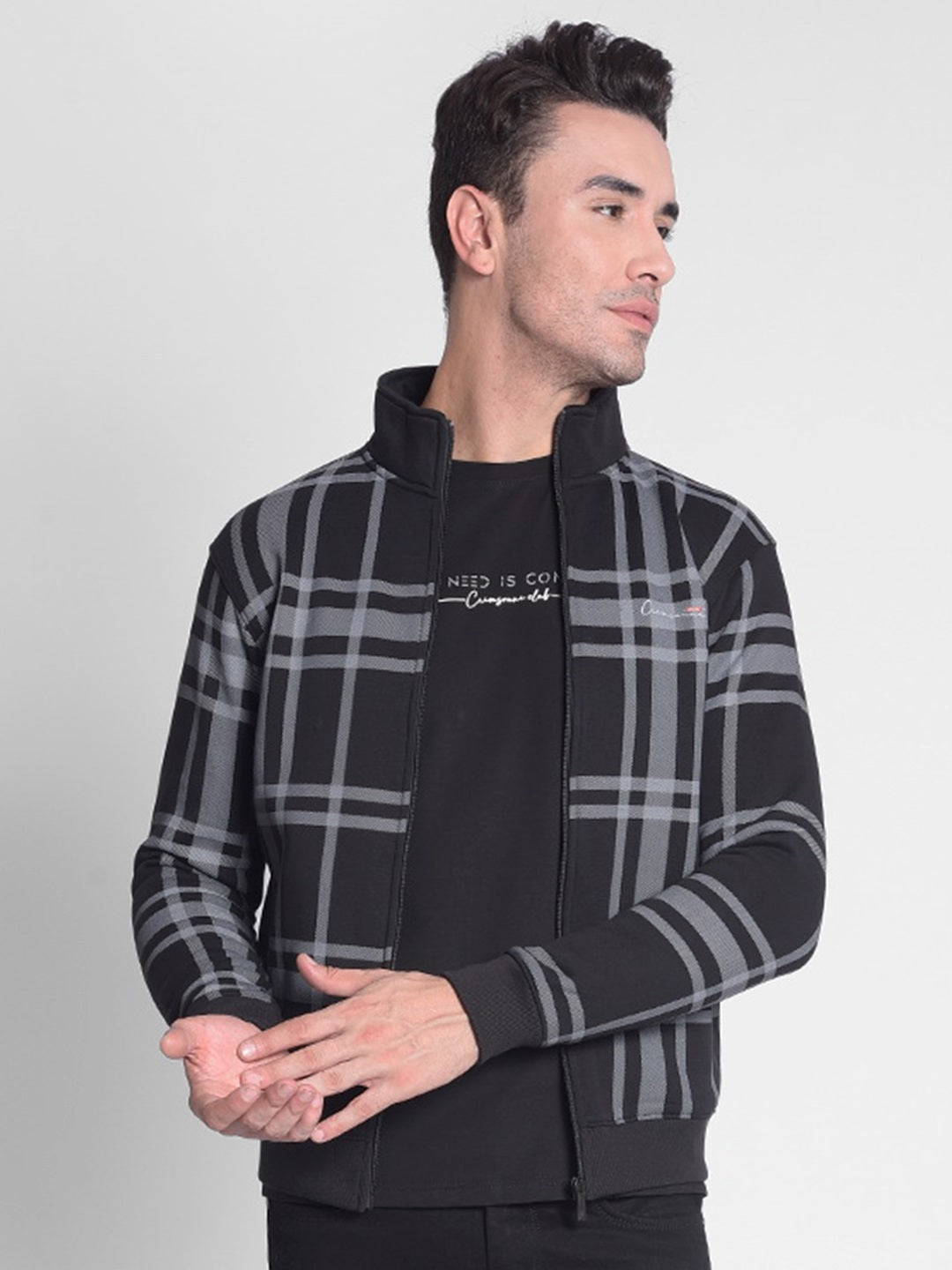 Black Checked Front-Open Sweatshirt-Men Sweatshirts-Crimsoune Club