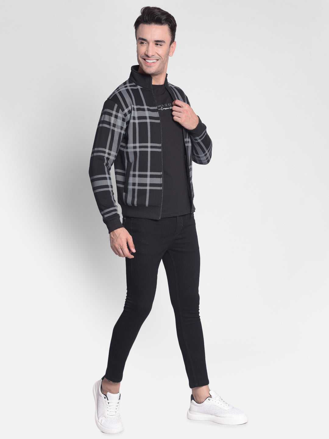 Black Checked Front-Open Sweatshirt-Men Sweatshirts-Crimsoune Club