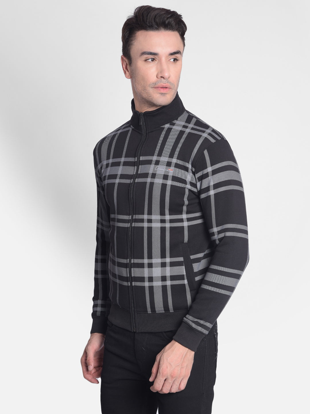 Black Checked Front-Open Sweatshirt-Men Sweatshirts-Crimsoune Club