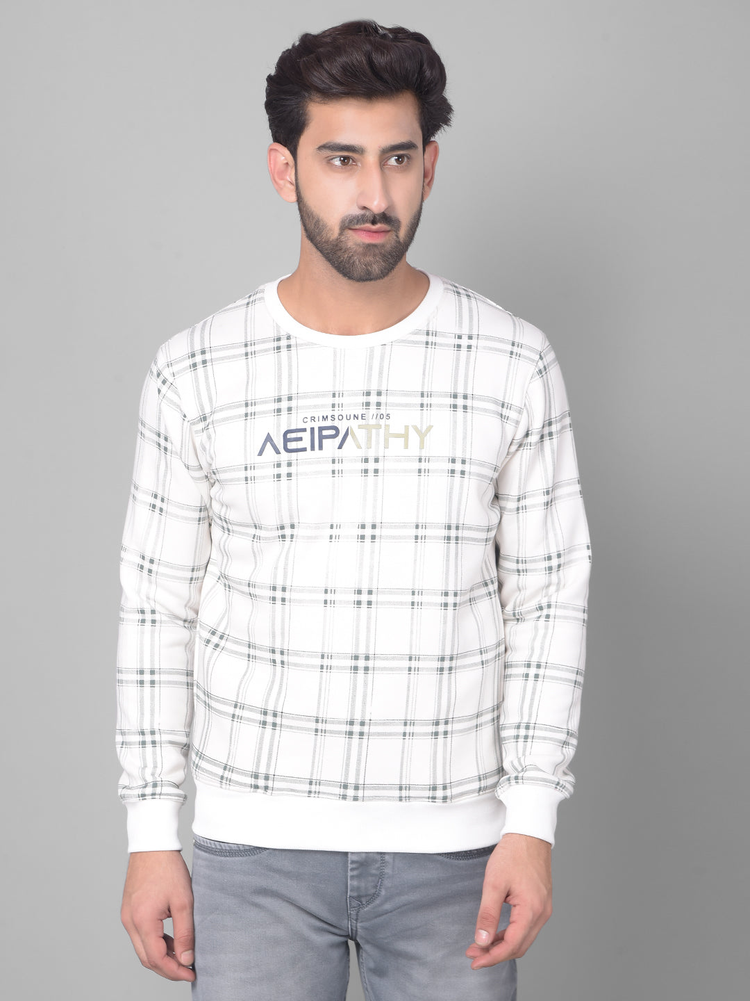 Off White Checked Sweatshirt-Men Sweatshirts-Crimsoune Club