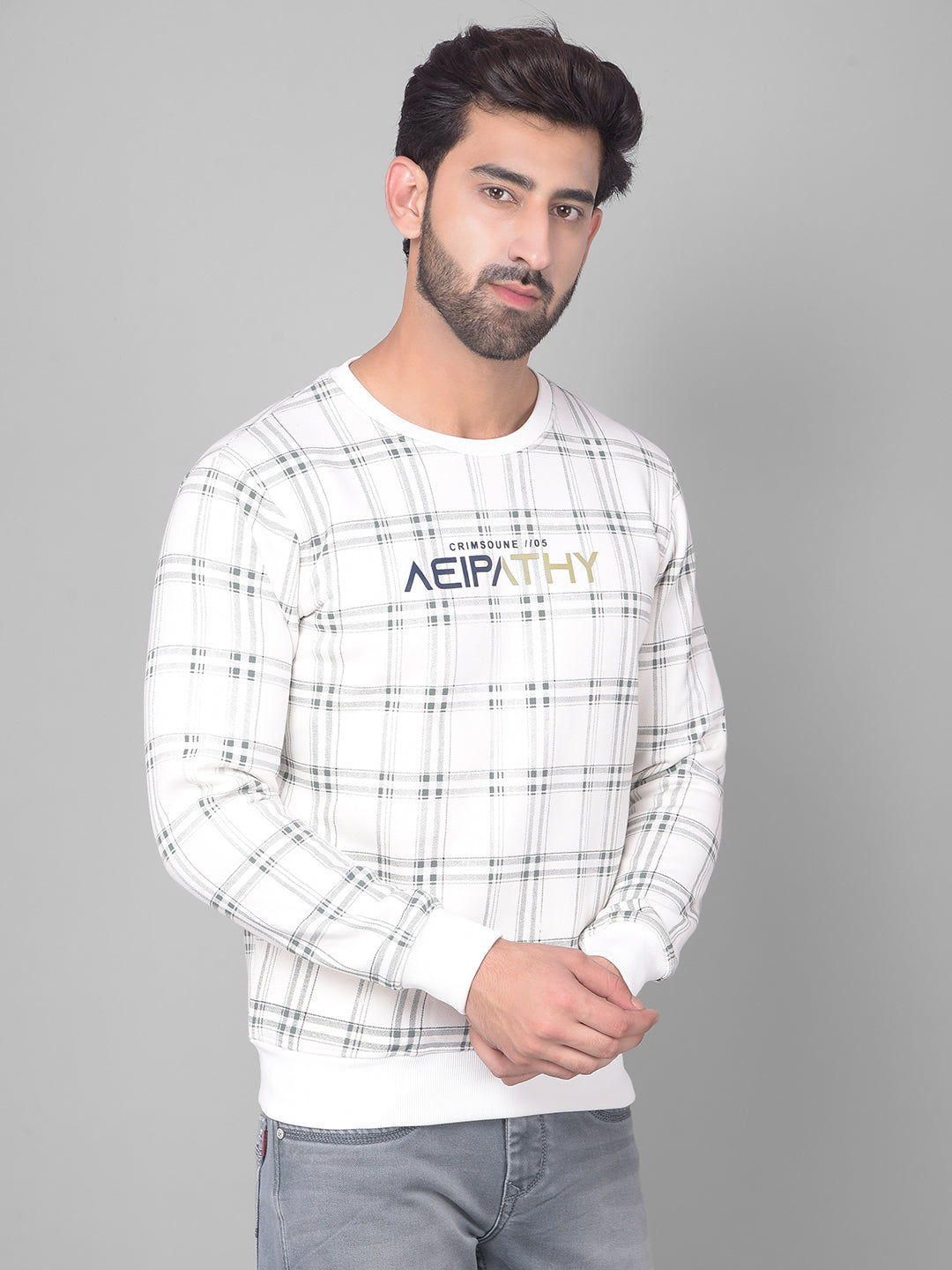 Off White Checked Sweatshirt-Men Sweatshirts-Crimsoune Club