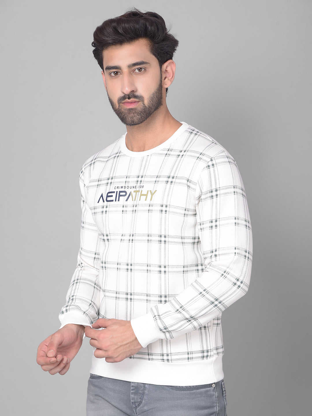 Off White Checked Sweatshirt-Men Sweatshirts-Crimsoune Club