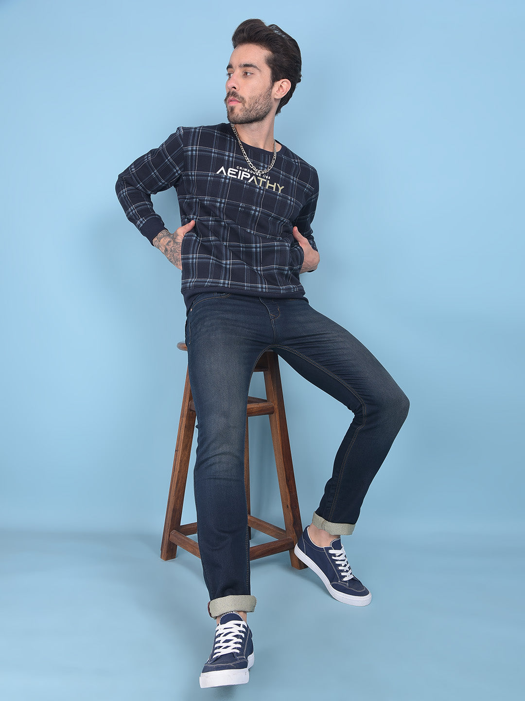 Navy Blue Checked Sweatshirt-Men Sweatshirts-Crimsoune Club