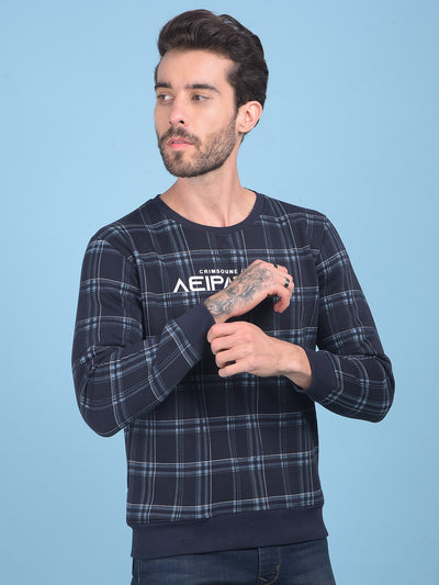 Navy Blue Checked Sweatshirt-Men Sweatshirts-Crimsoune Club