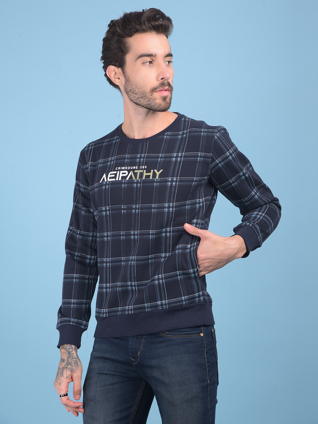 Navy Blue Checked Sweatshirt-Men Sweatshirts-Crimsoune Club