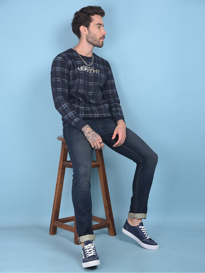 Navy Blue Checked Sweatshirt-Men Sweatshirts-Crimsoune Club