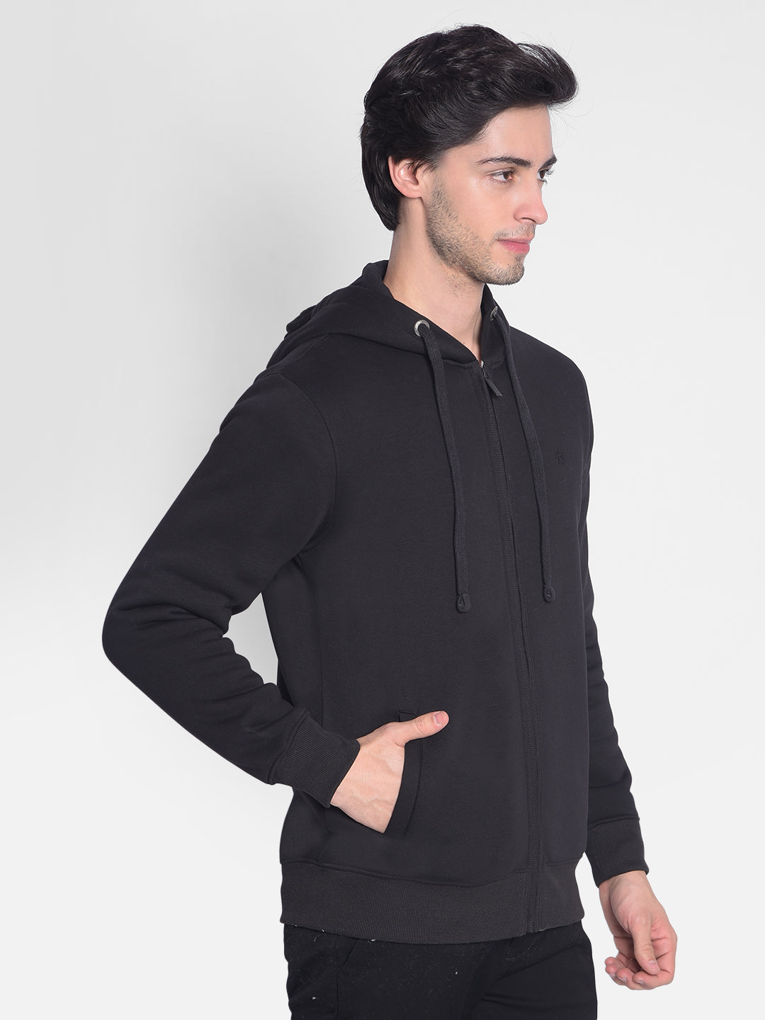 Black Hooded Front-Open Sweatshirt-Men Sweatshirts-Crimsoune Club