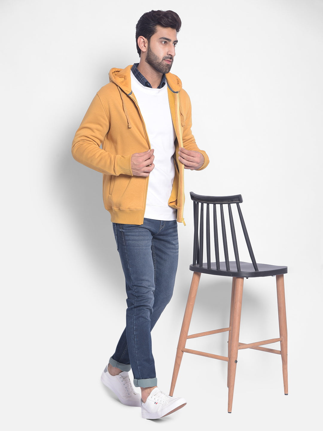 Mustard Hooded Sweatshirt-Men Sweatshirts-Crimsoune Club