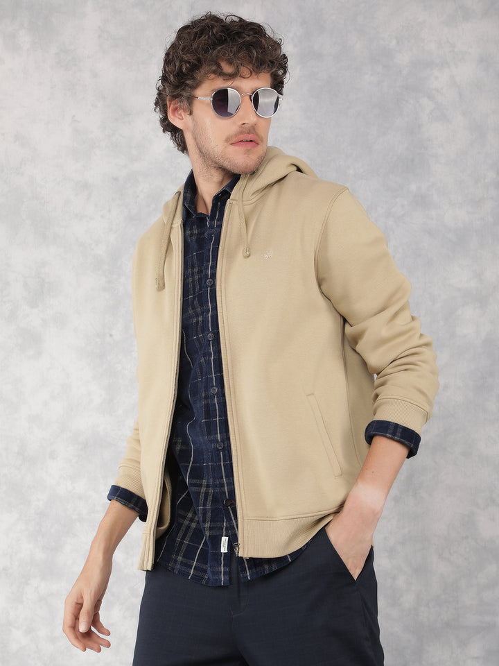 Beige Hooded Neck Sweatshirt-Men Sweatshirts-Crimsoune Club