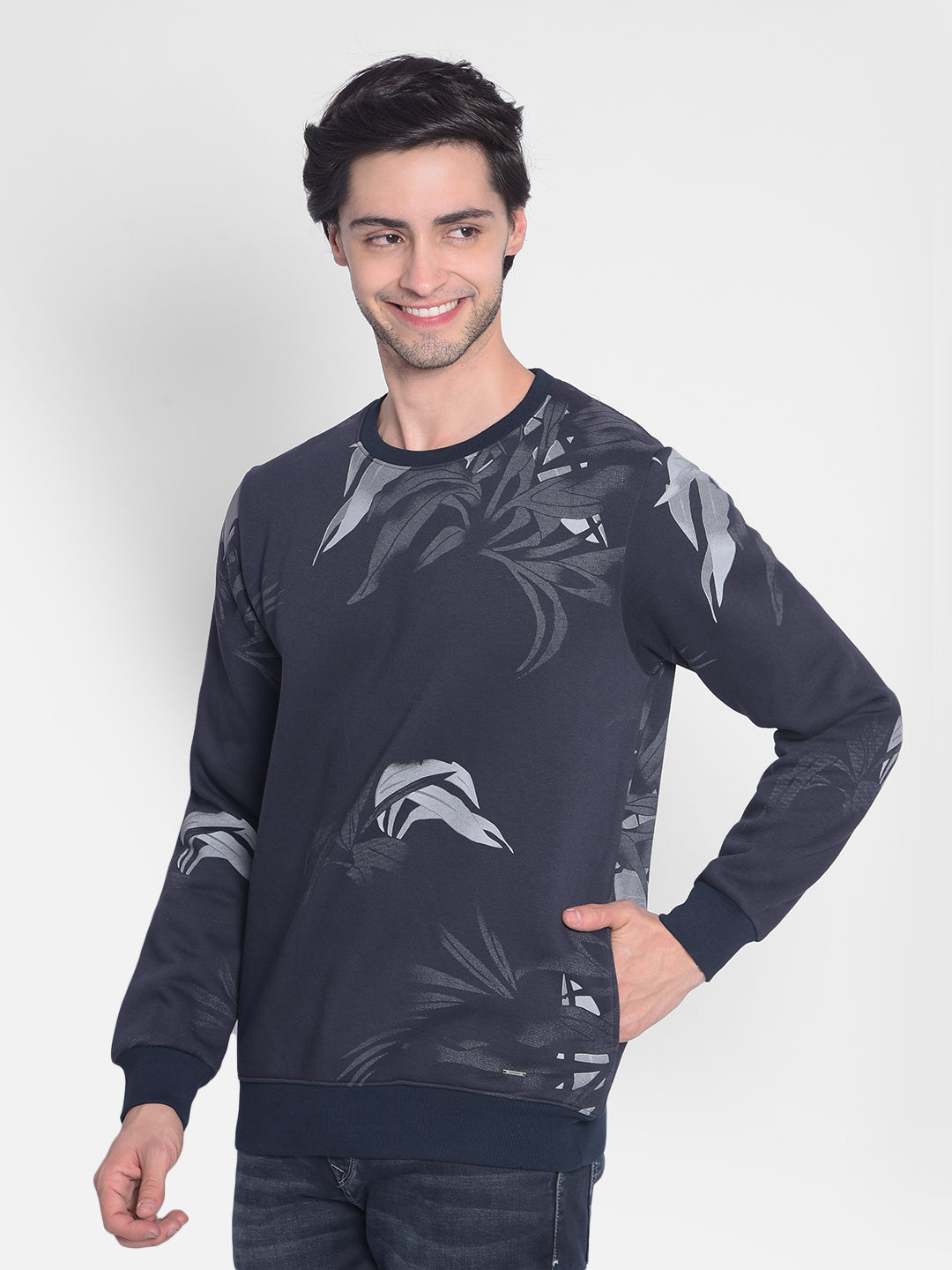 Navy Blue Printed Sweatshirt-Men Sweatshirts-Crimsoune Club