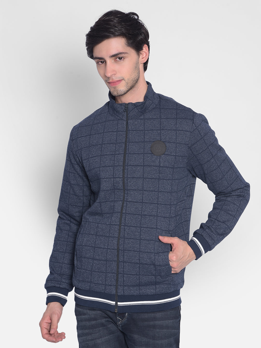 Navy Blue Checked Sweatshirt-Men Sweatshirts-Crimsoune Club