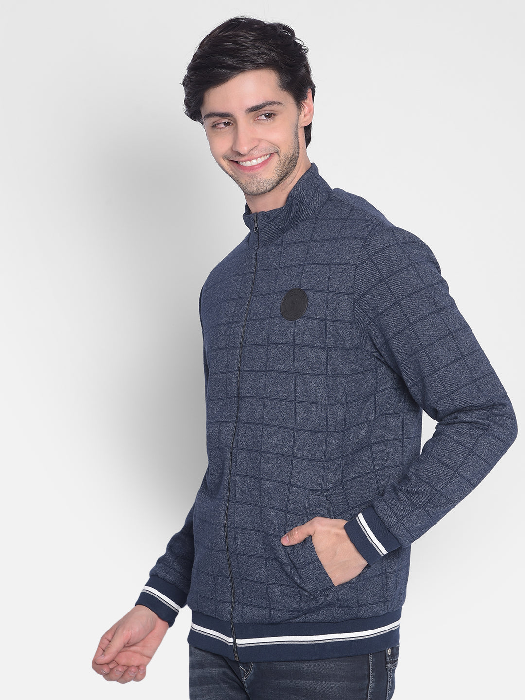 Navy Blue Checked Sweatshirt-Men Sweatshirts-Crimsoune Club