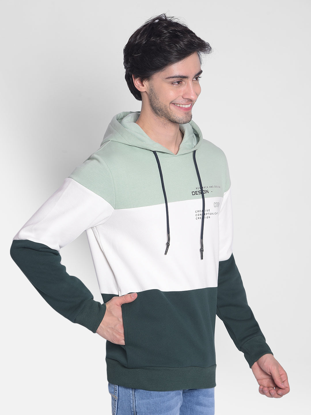 Green Colourblocked Sweatshirt With Hood-Men Sweatshirts-Crimsoune Club