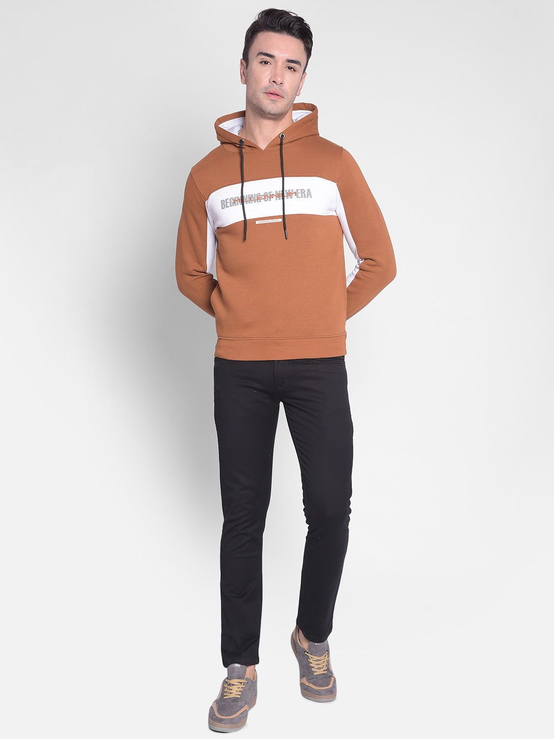 Brown Printed Sweatshirt With Hood-Men Sweatshirts-Crimsoune Club