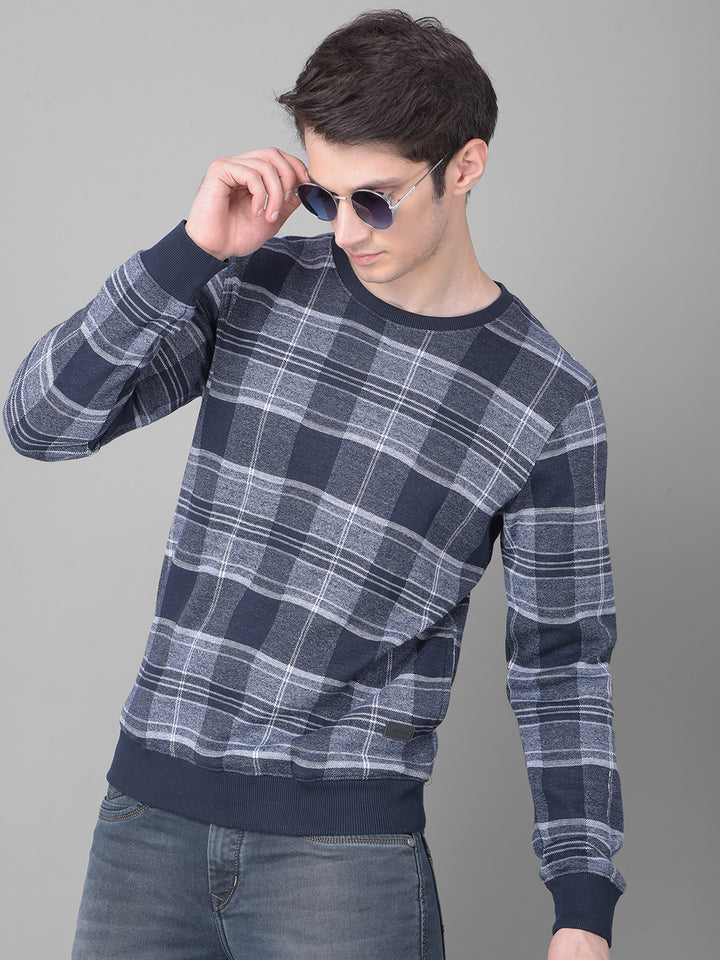 Navy Blue Checked Sweatshirt-Men Sweatshirts-Crimsoune Club