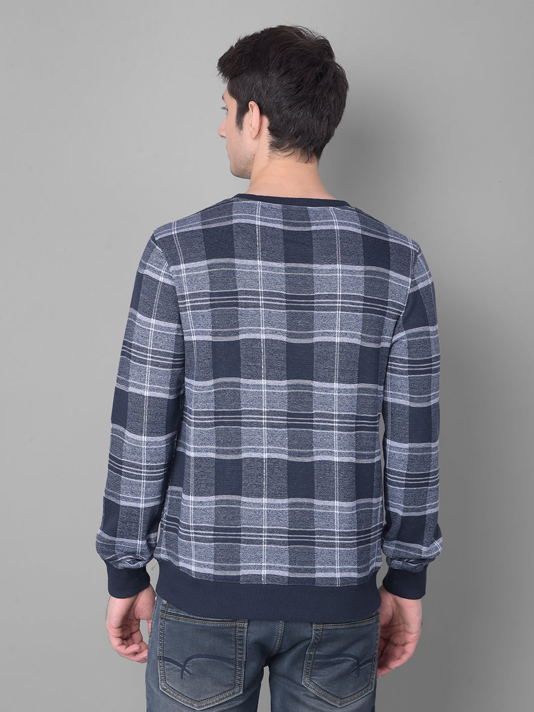 Navy Blue Checked Sweatshirt-Men Sweatshirts-Crimsoune Club