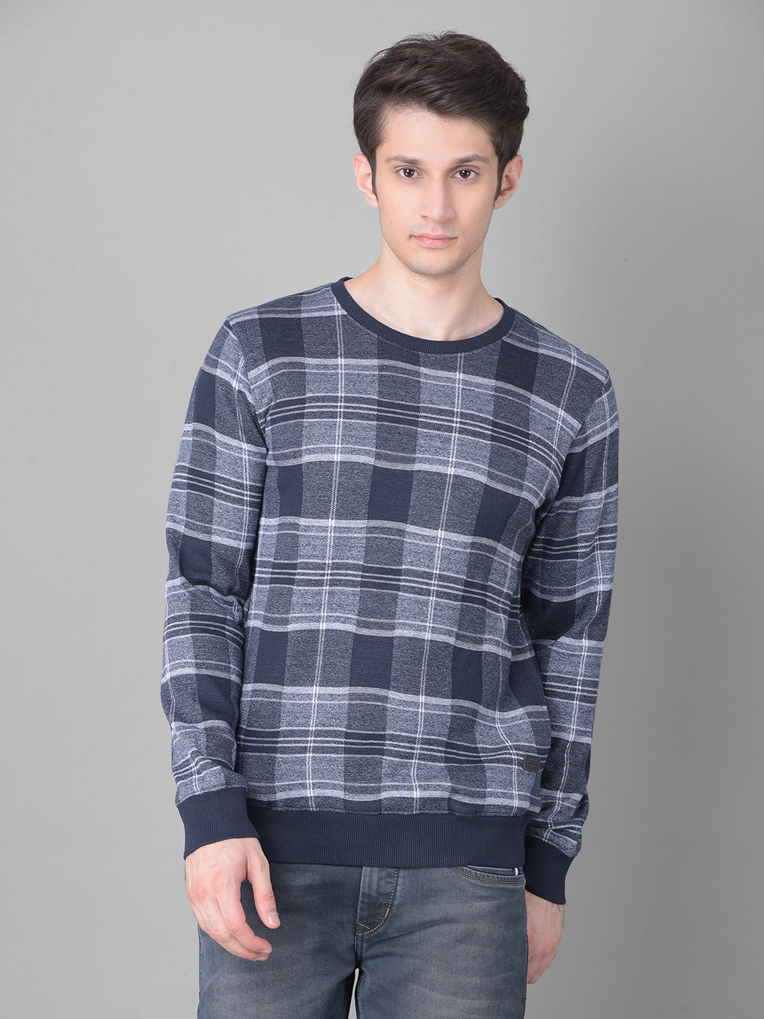 Navy Blue Checked Sweatshirt-Men Sweatshirts-Crimsoune Club