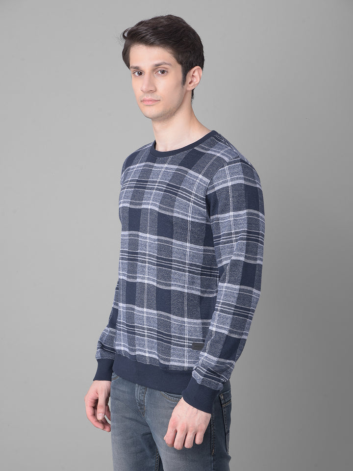 Navy Blue Checked Sweatshirt-Men Sweatshirts-Crimsoune Club