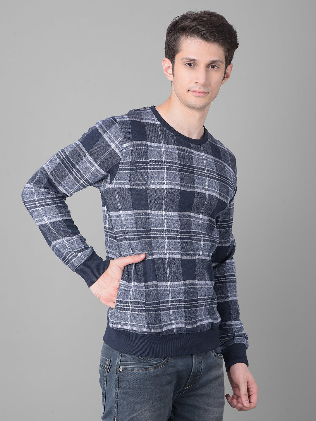 Navy Blue Checked Sweatshirt-Men Sweatshirts-Crimsoune Club
