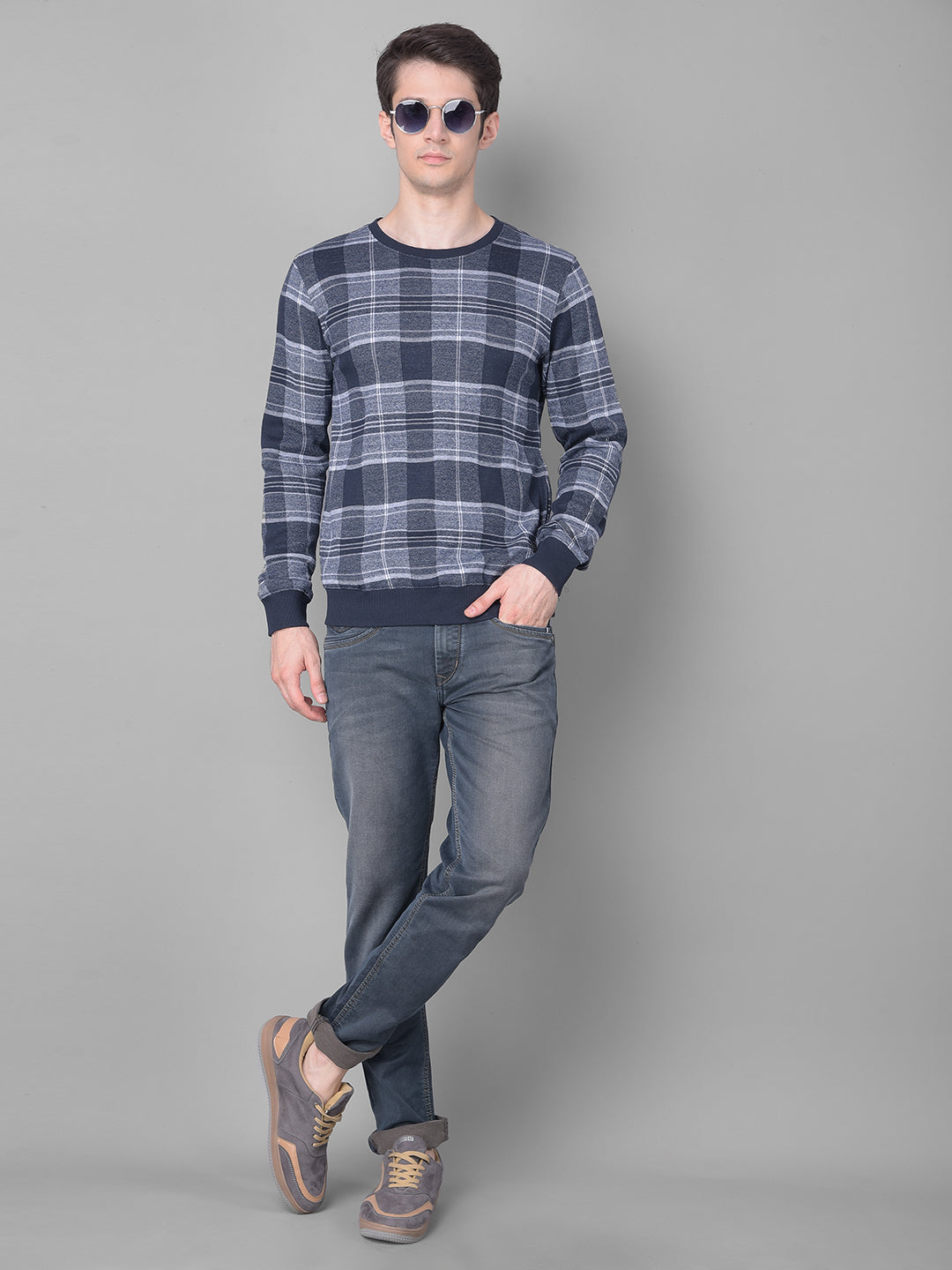 Navy Blue Checked Sweatshirt-Men Sweatshirts-Crimsoune Club