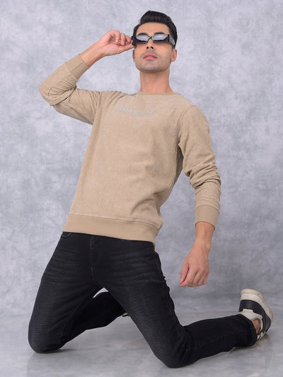 Beige Typographic Print Knitted Sweatshirt-Men Sweatshirts-Crimsoune Club