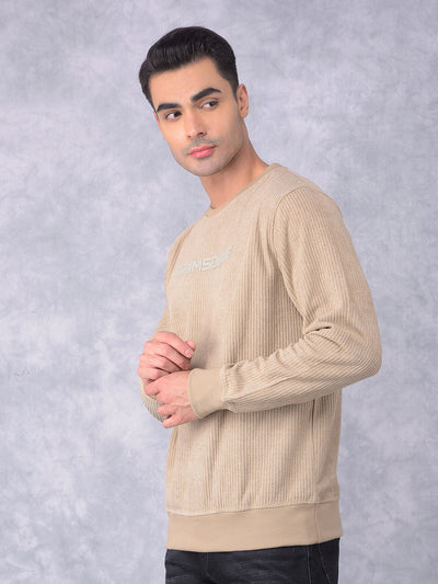 Beige Typographic Print Knitted Sweatshirt-Men Sweatshirts-Crimsoune Club