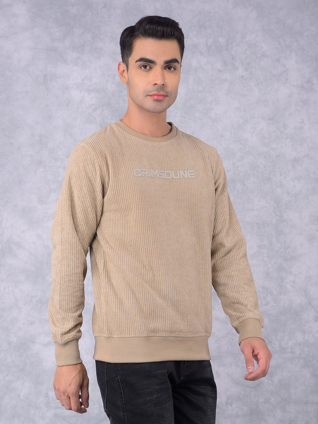 Beige Typographic Print Knitted Sweatshirt-Men Sweatshirts-Crimsoune Club