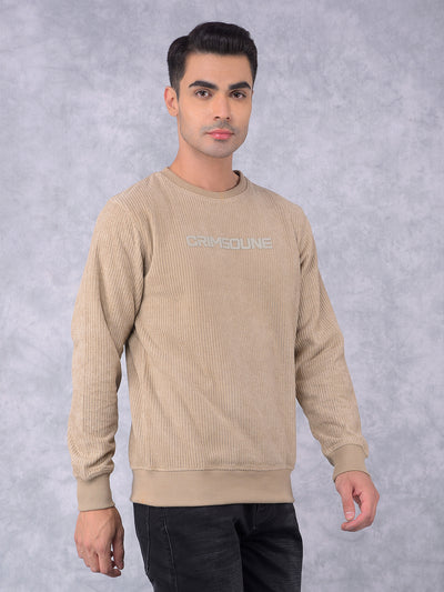 Beige Typographic Print Knitted Sweatshirt-Men Sweatshirts-Crimsoune Club