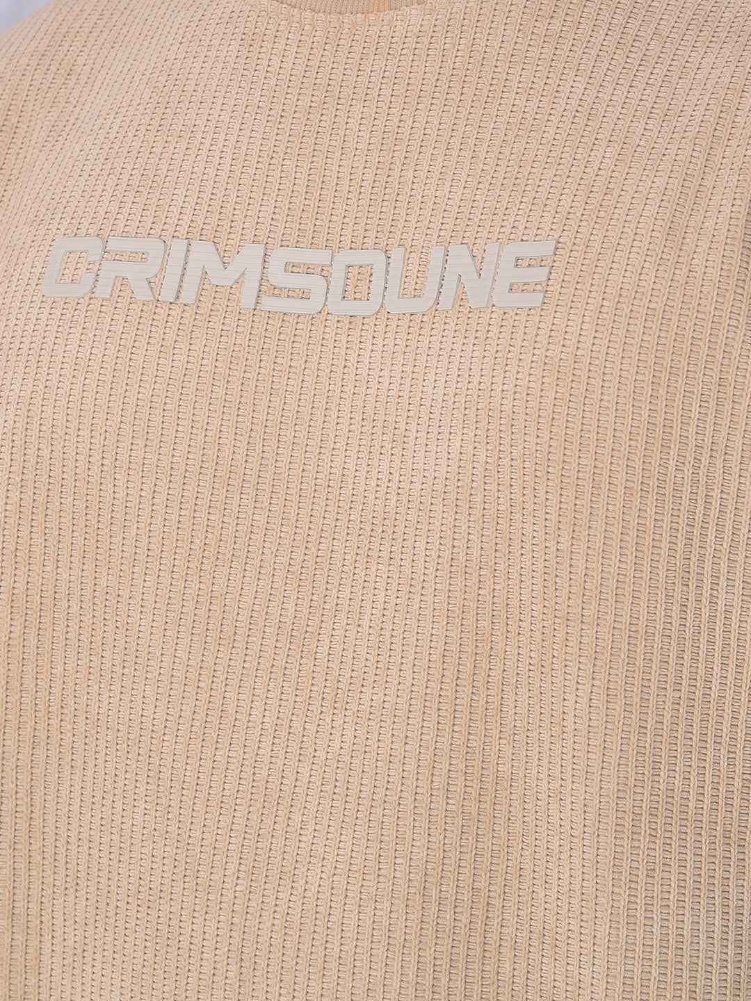 Beige Typographic Print Knitted Sweatshirt-Men Sweatshirts-Crimsoune Club