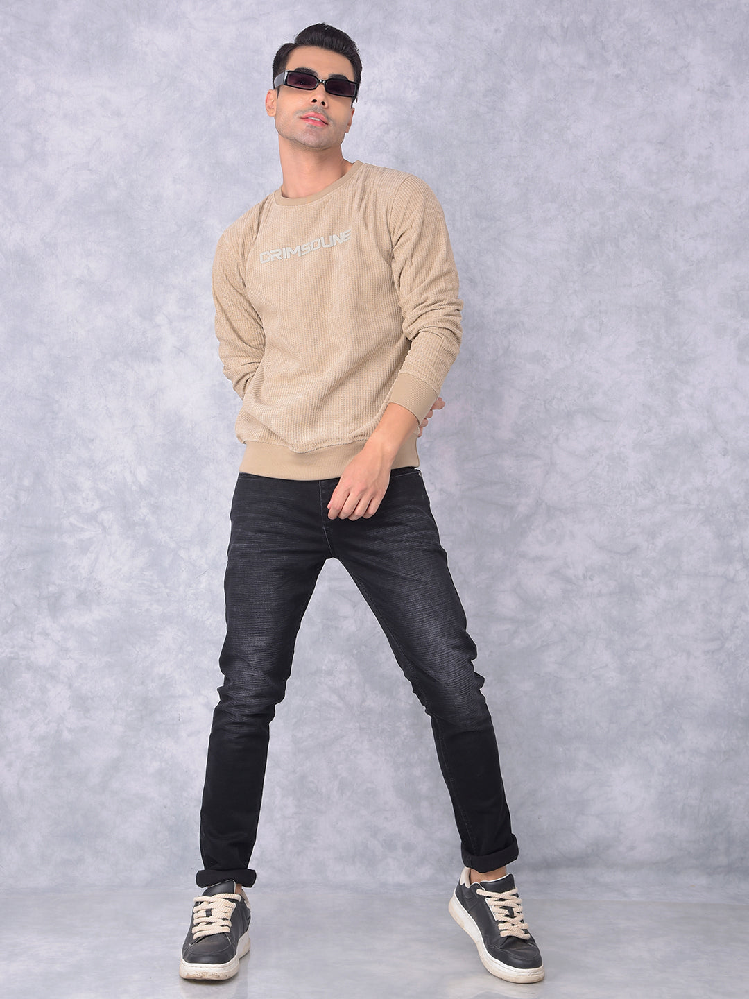 Beige Typographic Print Knitted Sweatshirt-Men Sweatshirts-Crimsoune Club