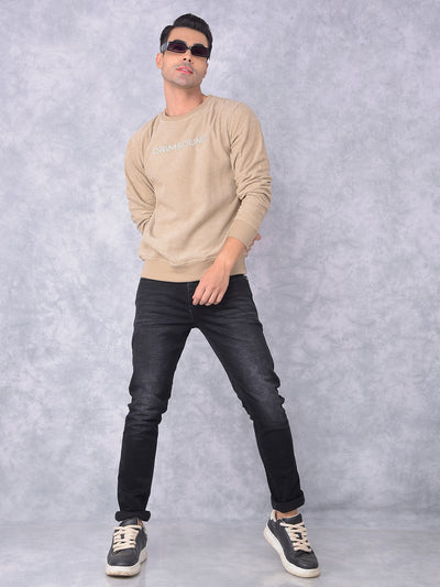 Beige Typographic Print Knitted Sweatshirt-Men Sweatshirts-Crimsoune Club