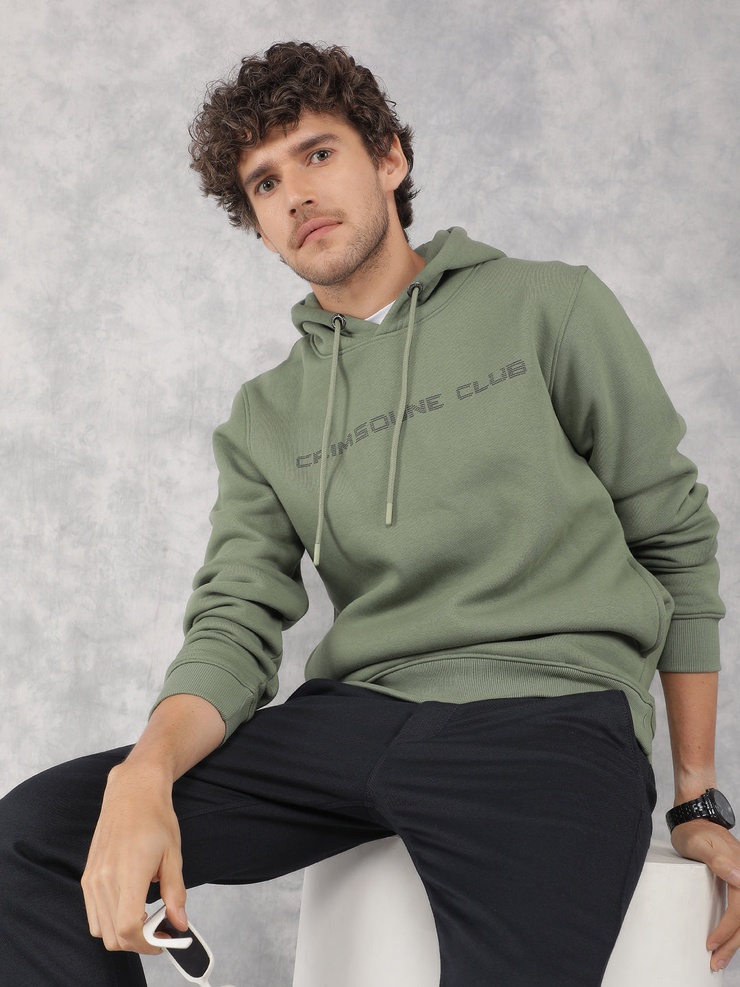 Green Typographic Print Hooded Neck Sweatshirt-Men Sweatshirts-Crimsoune Club