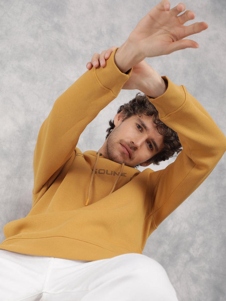 Mustard Typographic Print Hooded Neck Sweatshirt-Men Sweatshirts-Crimsoune Club