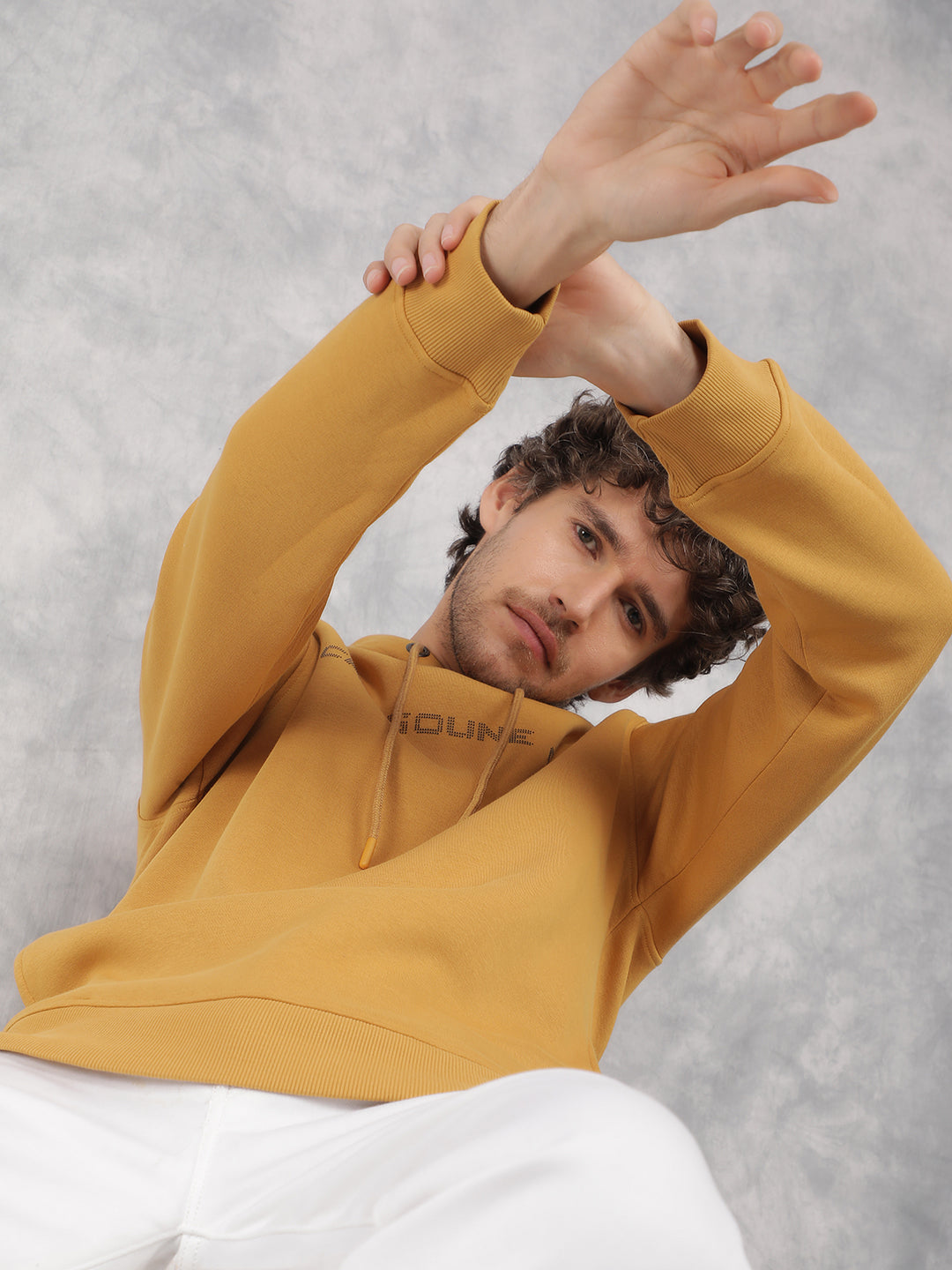 Mustard Typographic Print Hooded Neck Sweatshirt-Men Sweatshirts-Crimsoune Club