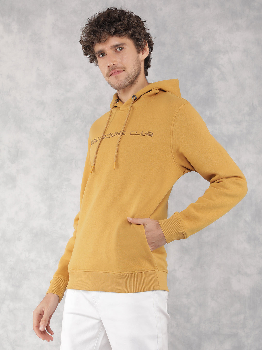 Mustard Typographic Print Hooded Neck Sweatshirt-Men Sweatshirts-Crimsoune Club