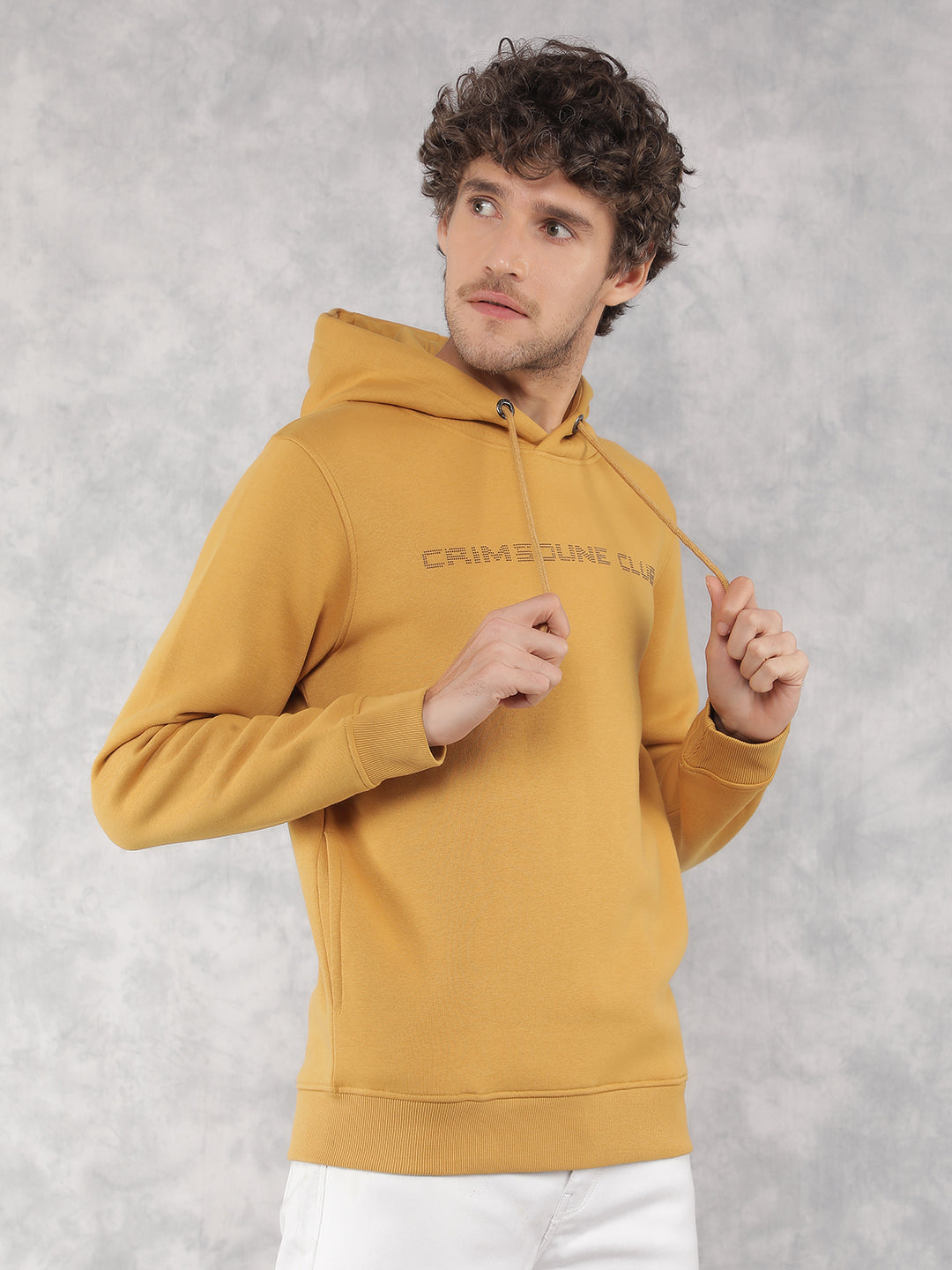 Mustard Typographic Print Hooded Neck Sweatshirt-Men Sweatshirts-Crimsoune Club