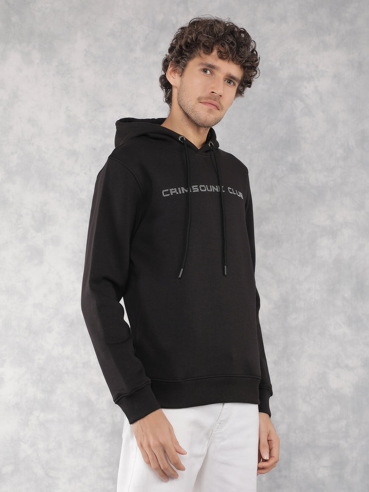 Black Typographic Print Hooded Neck Sweatshirt-Men Sweatshirts-Crimsoune Club