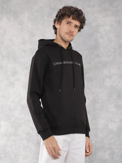 Black Typographic Print Hooded Neck Sweatshirt-Men Sweatshirts-Crimsoune Club