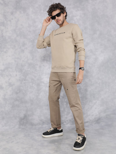 Beige Typographic Print Sweatshirt-Men Sweatshirts-Crimsoune Club