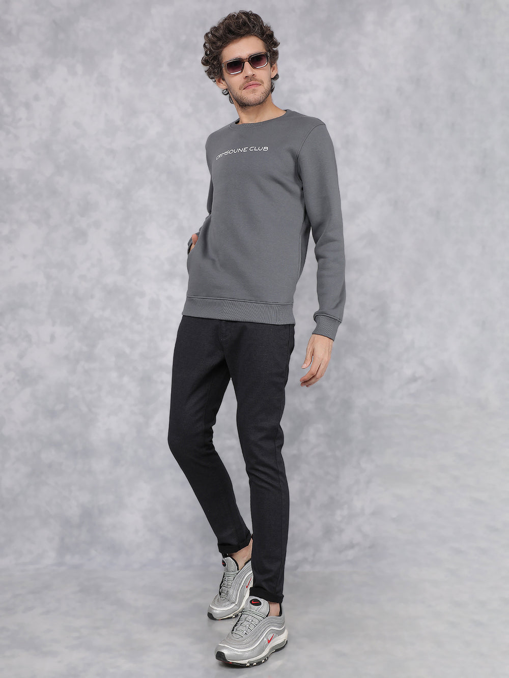 Grey Typographic Print Sweatshirt-Men Sweatshirts-Crimsoune Club